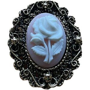Vintage Rose Cameo Brooch Pin Victorian Style Gold Tone Filigree Oval